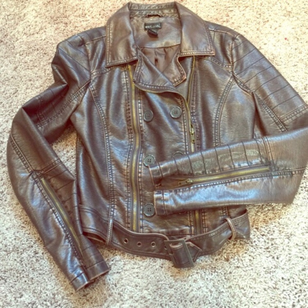 Brown faux leather moto jacket from Wet Seal